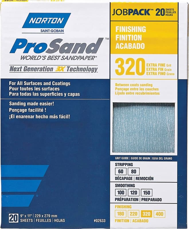 Norton ProSand 07660768166 Sanding Sheet, 11 in L, 9 in W, Extra Fine, 320 Grit, Aluminum Oxide Abrasive, Paper Backing – image 1