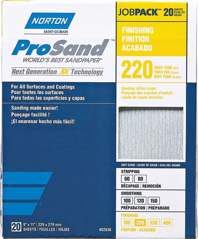 Norton ProSand 07660768167 Sanding Sheet, 11 in L, 9 in W, Very Fine, 220 Grit, Aluminum Oxide Abrasive, Paper Backing – image 1