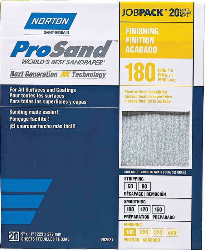 Norton ProSand 07660768168 Sanding Sheet, 11 in L, 9 in W, Fine, 180 Grit, Aluminum Oxide Abrasive, Paper Backing – image 1