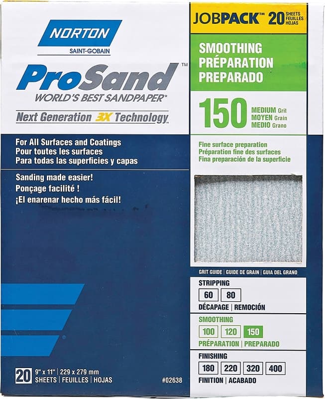 Norton ProSand 07660768171 Sanding Sheet, 11 in L, 9 in W, Medium, 150 Grit, Aluminum Oxide Abrasive, Paper Backing – image 1