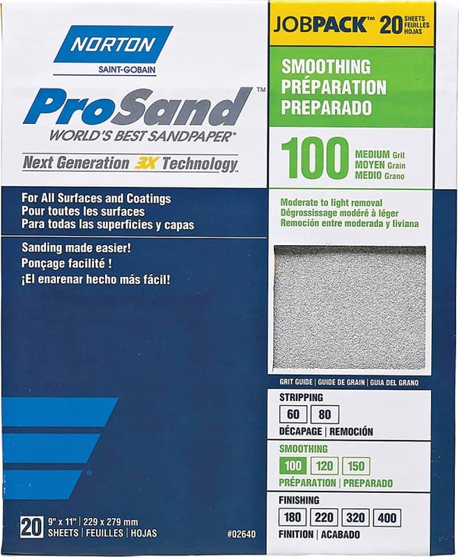 Norton ProSand 07660768173 Sanding Sheet, 11 in L, 9 in W, Medium, 100 Grit, Aluminum Oxide Abrasive, Paper Backing – image 1