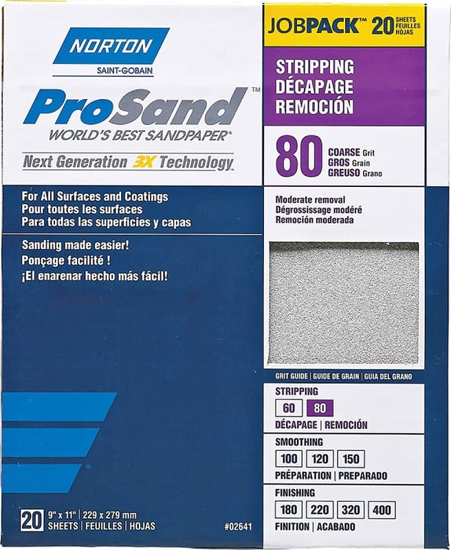 Norton ProSand 07660768174 Sanding Sheet, 11 in L, 9 in W, Coarse, 80 Grit, Aluminum Oxide Abrasive, Paper Backing – image 1