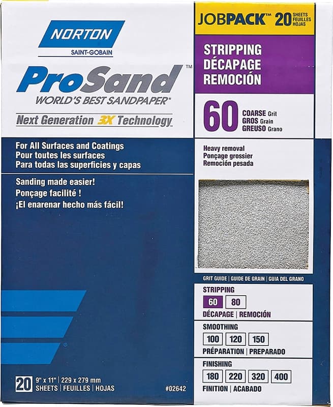 Norton ProSand 07660768175 Sanding Sheet, 11 in L, 9 in W, Coarse, 60 Grit, Aluminum Oxide Abrasive, Paper Backing – image 1