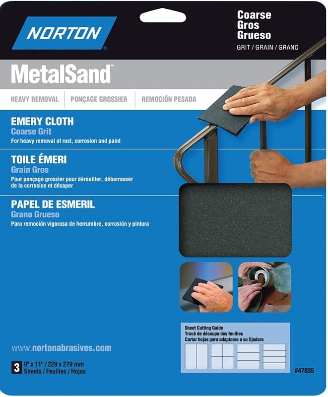Norton MetalSand 07660747835 Sanding Sheet, 11 in L, 9 in W, Coarse, 80 Grit, Emery Abrasive, Cloth Backing – image 1