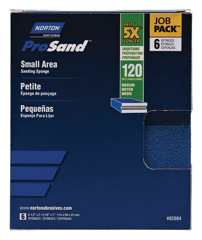 Norton ProSand 82084 Sanding Sponge, 4-1/2 in L, 2-11/16 in W, 120 Grit, Medium, Aluminum Oxide Abrasive – image 1