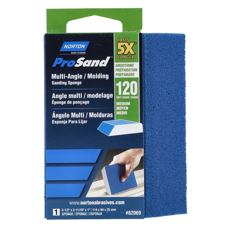 Norton ProSand 82069 Sanding Sponge, 4-1/2 in L, 3-11/16 in W, 120 Grit, Medium, Aluminum Oxide Abrasive – image 1
