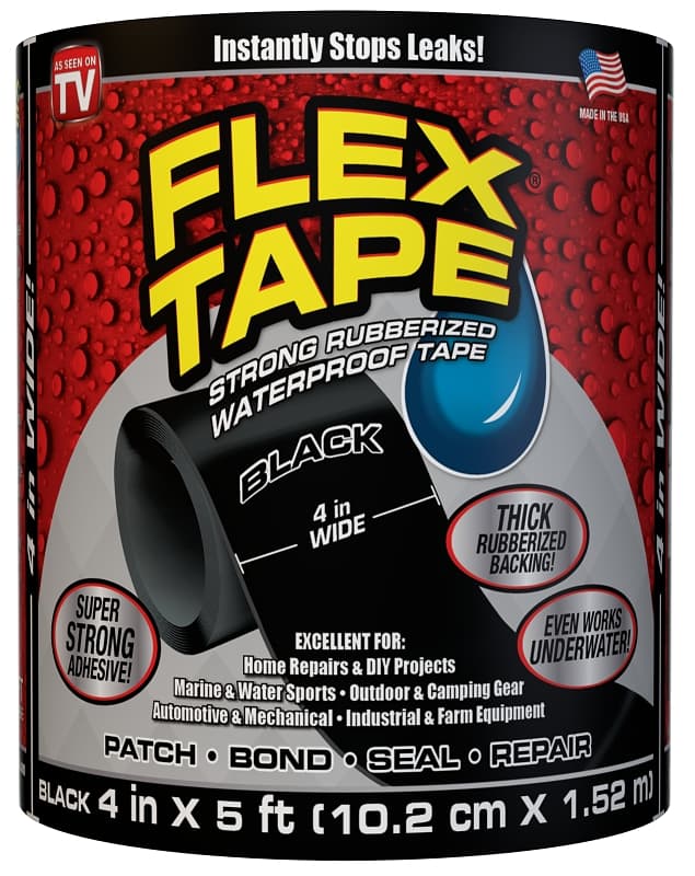 Flex Tape TFSBLKC0405 Tape, 5 ft L, 4 in W, Rubber Backing, Black – image 1