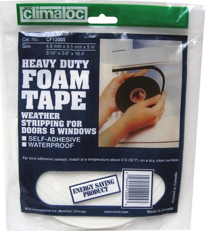 Climaloc CF12005 Foam Tape, 3/8 in W, 16.4 ft L, 3/16 in Thick, Polyethylene, White – image 1