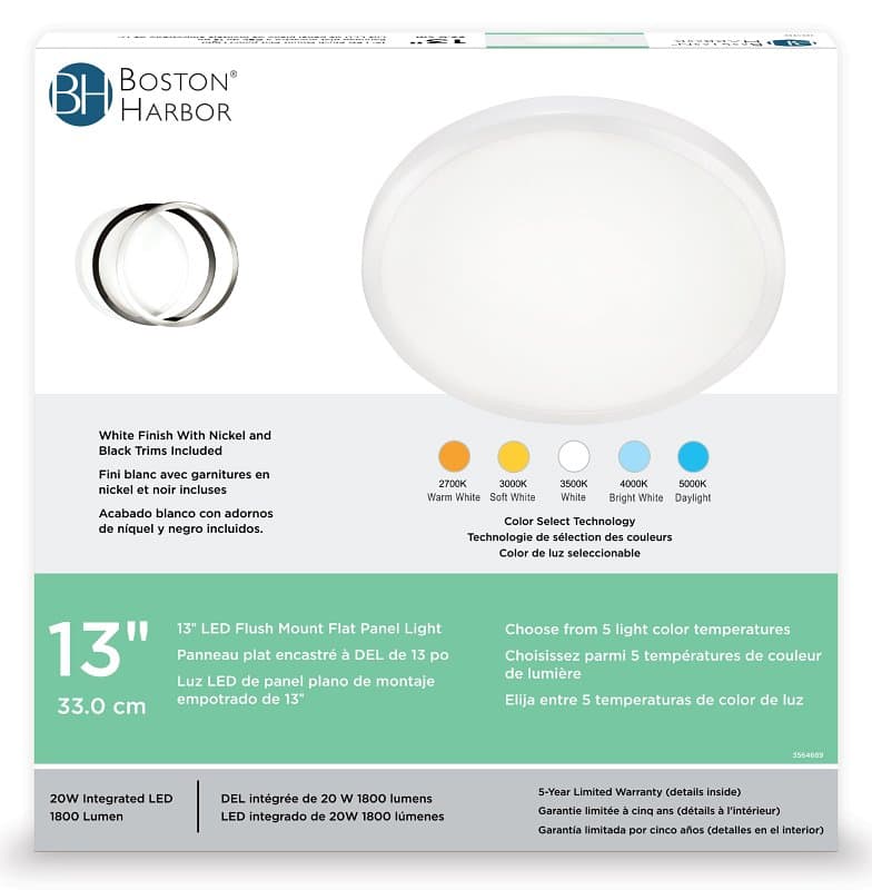 Boston Harbor O-FP-13R Panel Light, 120 V, 20 W, LED Lamp, 1800, 2700K, 3000K, 3500K, 4000K, 5000K Color Temp – image 1