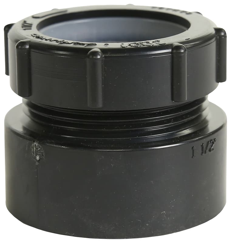 IPEX 027320 Trap Pipe Adapter, 1-1/4 in, Female x Hub x Plastic Nut, ABS, Black – image 1