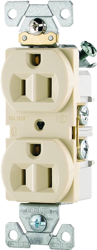 Eaton Wiring Devices CR15V Duplex Receptacle, 2 -Pole, 15 A, 125 V, Side Wiring, NEMA: 5-15R, Ivory – image 1