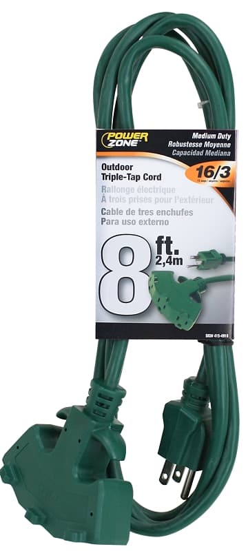 PowerZone ORY605608 Extension Cord, 16 AWG Cable, 8 ft L, 5-15P Grounded Plug, 3 -Socket, 13 A, 125 V, Green – image 1