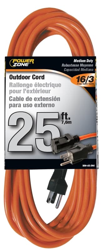 PowerZone OR501625 Extension Cord, 16 AWG Cable, 5-15P Grounded Plug, 5-15R Grounded Receptacle, 25 ft L, 125 V – image 1
