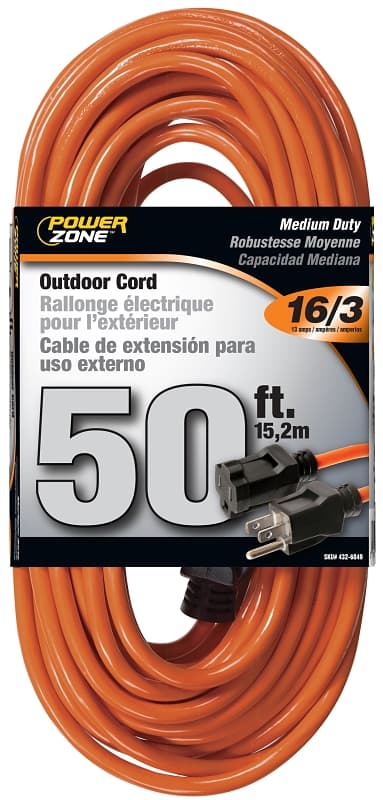 PowerZone OR501630 Extension Cord, 16 AWG Cable, 5-15P Grounded Plug, 5-15R Grounded Receptacle, 50 ft L, 125 V – image 1
