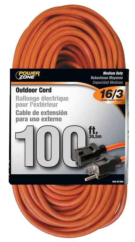 PowerZone OR501635 Extension Cord, 16 AWG Cable, 5-15P Grounded Plug, 5-15R Grounded Receptacle, 100 ft L, 125 V – image 1