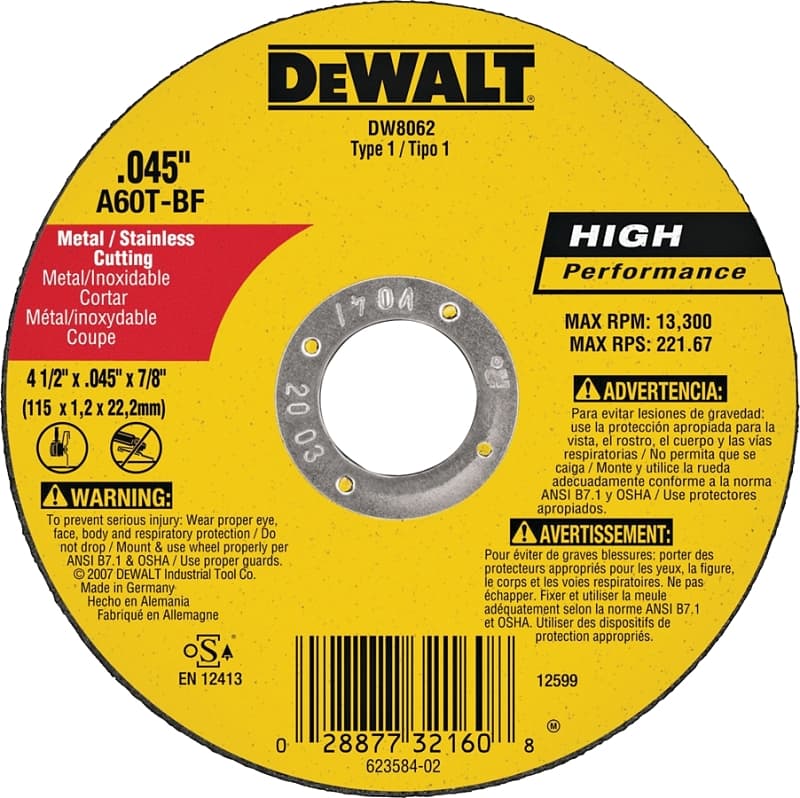 DEWALT DW8062 Cutting Wheel, 4-1/2 in Dia, 0.045 in Thick, 7/8 in Arbor, Very Fine, Aluminum Oxide Abrasive – image 1