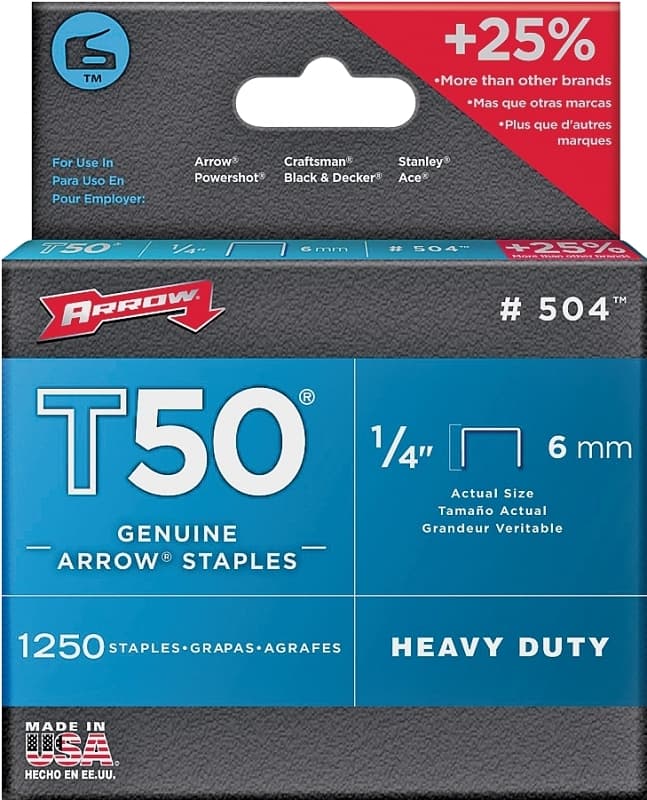 Arrow T50 Series 50424 Staple, 3/8 in W Crown, 1/4 in L Leg – image 1