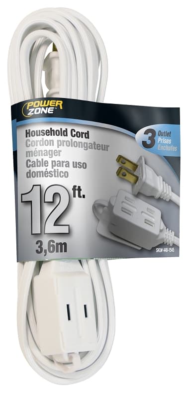 PowerZone OR660612 Extension Cord, 16 AWG Cable, 12 ft L, 125 V, White – image 1