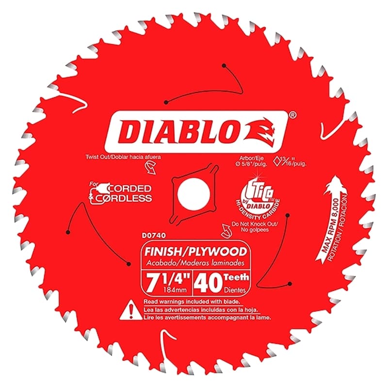 Diablo D0740A Circular Saw Blade, 7-1/4 in Dia, 5/8 in Arbor, 40-Teeth, Carbide Cutting Edge – image 1