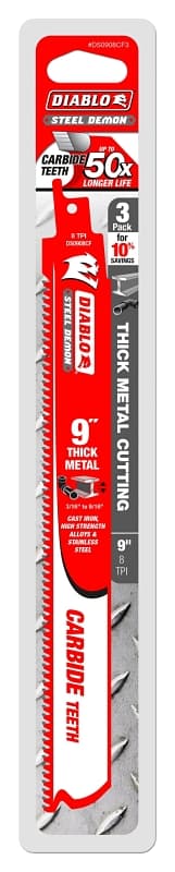 Diablo DS0908CF3C Reciprocating Saw Blade, 1 in W, 9 in L, 8 TPI, Carbide Cutting Edge – image 1