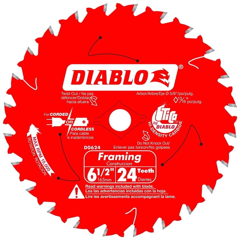 Diablo D0624A Framing Trim Saw Blade, 6-1/2 in Dia, 5/8 in Arbor, 24-Teeth – image 1