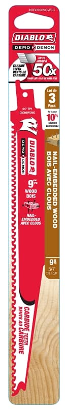 Diablo DS0906VCW3C Reciprocating Saw Blade, Applicable Materials: Wood, 9 in L, Carbide Cutting Edge – image 1