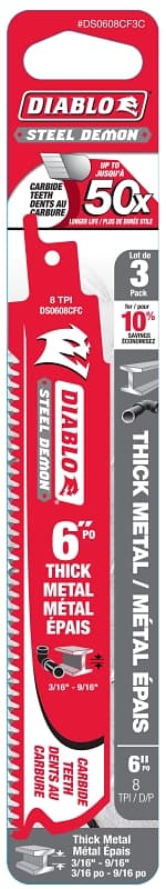 Diablo DS0608CF3C Reciprocating Saw Blade, 6 in L, 8 TPI, Carbide Cutting Edge – image 1