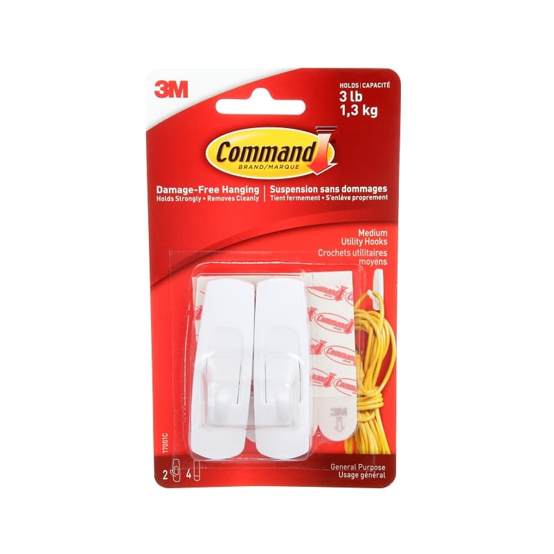 Command 17001C Utility Hook, 3, 4 lb, 2-Hook, Plastic, White – image 1