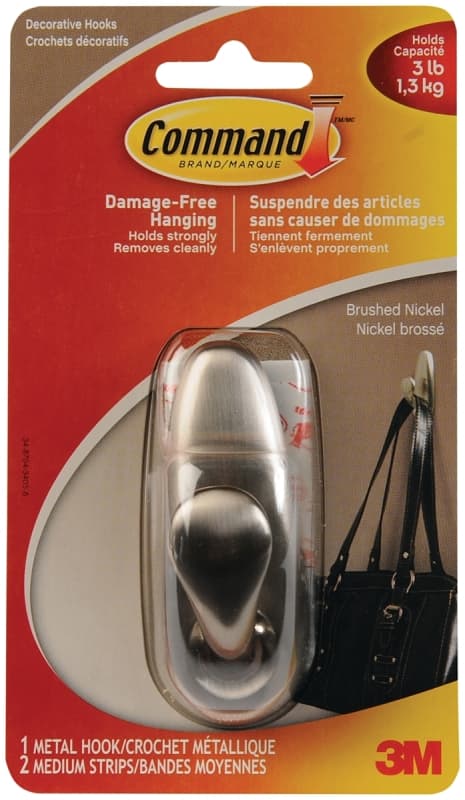Command FC12-BN-C Hook, 3 lb, 1-Hook, Metal, Brushed Nickel – image 1