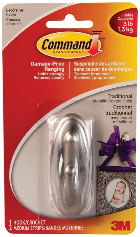 Command 17051BN-C Decorative Hook, 3 lb, 1-Hook, Plastic, Brushed Nickel – image 1