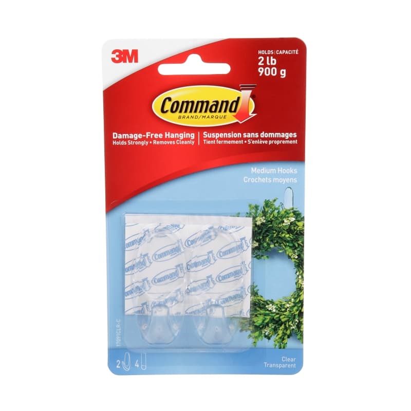 Command 17091CLR-C Medium Hook, 2 lb, 2-Hook, Clear – image 1