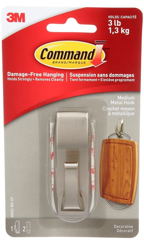 Command MR02-BN-EF Bath Hook, 3 lb, 1-Hook, Metal, Brushed Nickel – image 1
