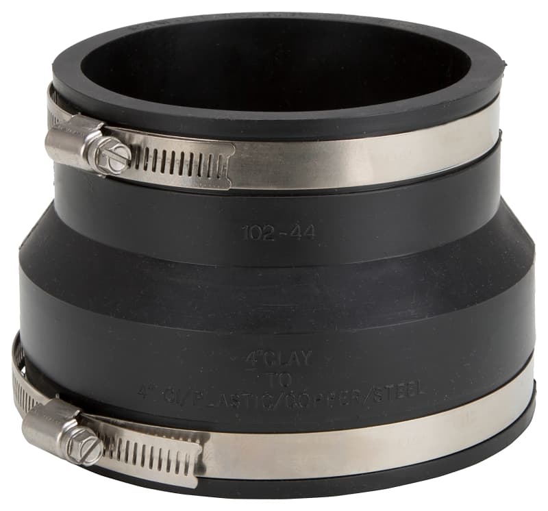 ProSource KJ-001 Coupling, 4 x 4 in, Clay to Cast Iron or Plastic Pipes, PVC, Black – image 1