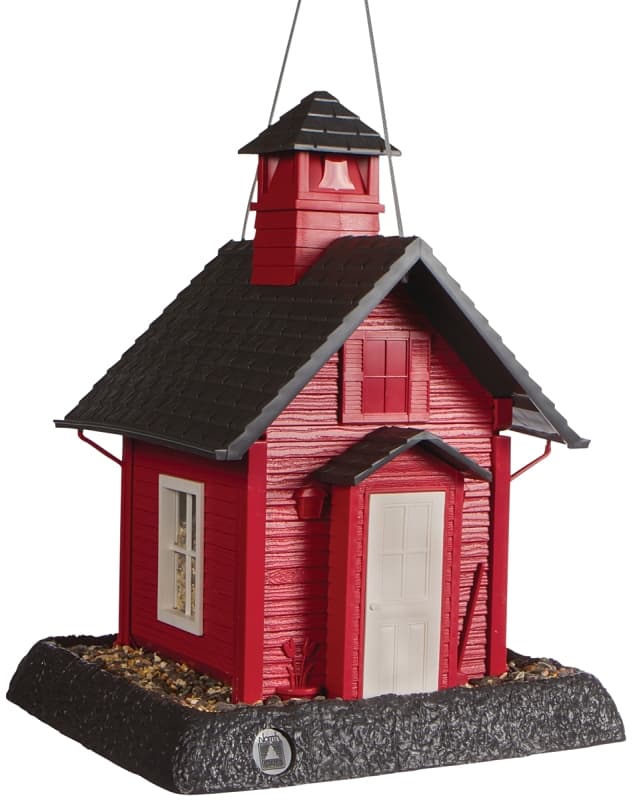 North States 9084 Hopper Bird Feeder, School House, 5 lb, Plastic, Gray/Red, 13-1/4 in H, Hanging/Pole Mounting – image 1