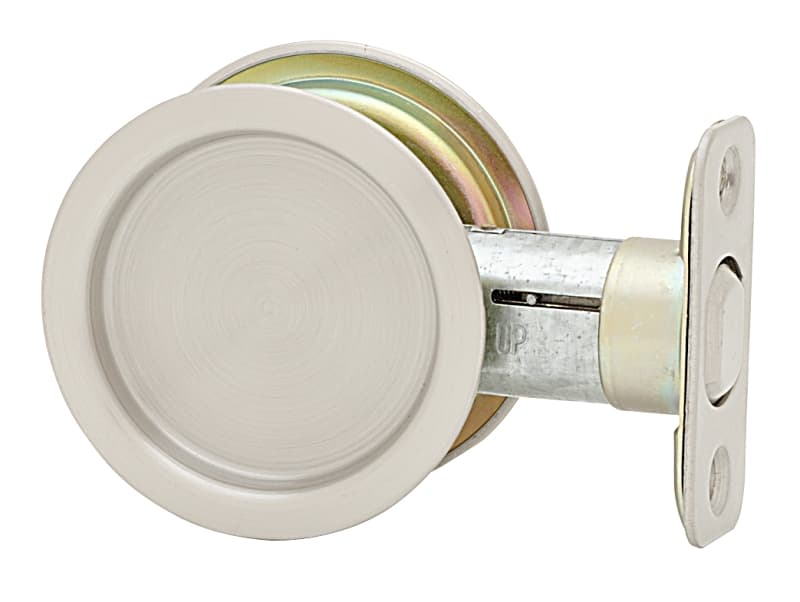 Weiser Round Pocket Door Lock Series 9WR10300-003 Pocket Door Lock, Universal Hand, Satin Nickel, 2-3/8 in Backset – image 1