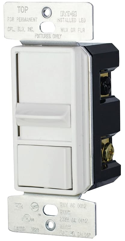 Eaton Cooper Wiring SUL06P-W-KB-L Slide Dimmer, 120 V, 300, 600 W, Fluorescent, Halogen, LED Lamp, 3-Way, White – image 1