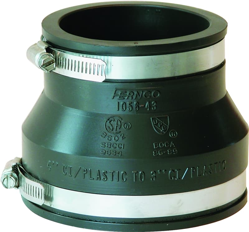 Fernco P1056-43 Flexible Coupling, 4 x 3 in, PVC, Black, 4.3 psi Pressure – image 1