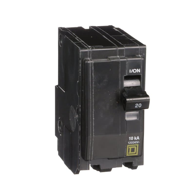 Square D QO QO220CP Circuit Breaker, Mini, 20 A, 2 -Pole, 120/240 VAC, 48 VDC, Plug Mounting, Black – image 1