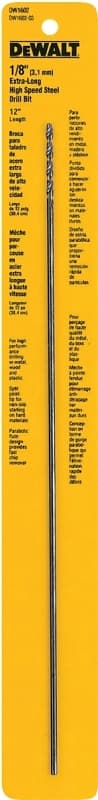 DEWALT DW1602 Drill Bit, 1/8 in Dia, 12 in OAL, Extended Length, Spiral Flute, 1/8 in Dia Shank, Round Shank – image 1