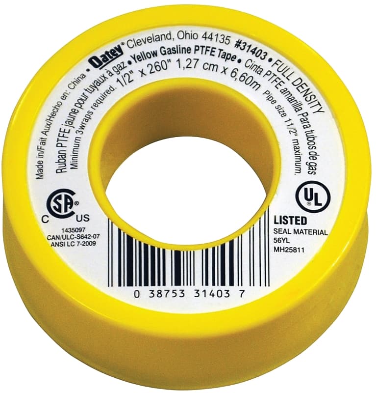 Oatey 31403 Thread Seal Tape, 260 in L, 1/2 in W, PTFE, Yellow – image 1