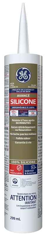 GE Silicone II SE2182 Kitchen and Bath Sealant, White, 65 deg F, 299 mL Cartridge – image 1