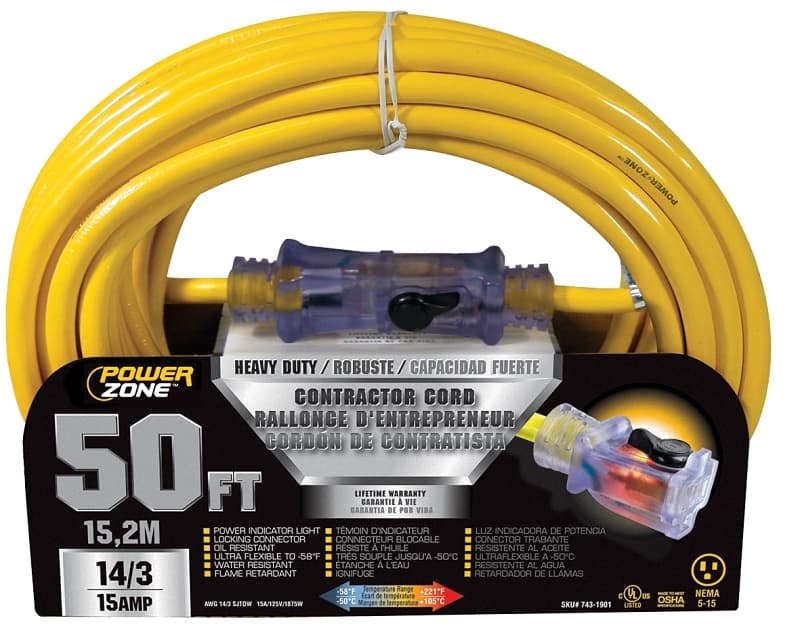 PowerZone ORP511730 Contractor Cord, 14 AWG Cable, 50 ft L, 15 A, 125 V, Yellow – image 1