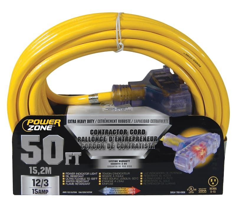 PowerZone ORP611830 Contractor Cord, 12 AWG Cable, 50 ft L, 15 A, 125 V, Yellow – image 1