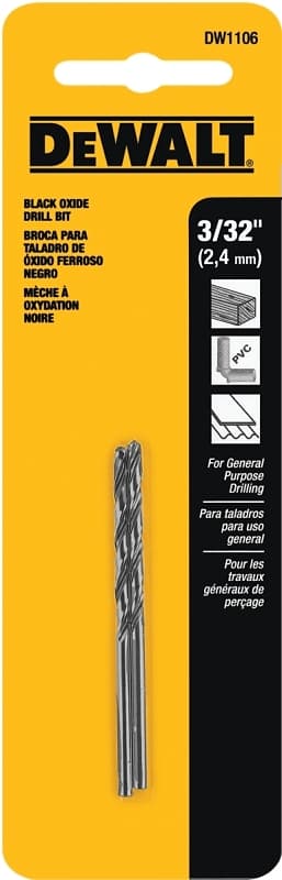 DEWALT DW1106 Jobber Drill Bit, 3/32 in Dia, 2-1/4 in OAL, Parabolic Flute, 3/32 in Dia Shank, Round Shank – image 1