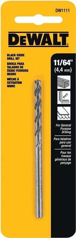 DEWALT DW1111 Jobber Drill Bit, 11/64 in Dia, 3-1/4 in OAL, Parabolic Flute, 11/64 in Dia Shank, Round Shank – image 1