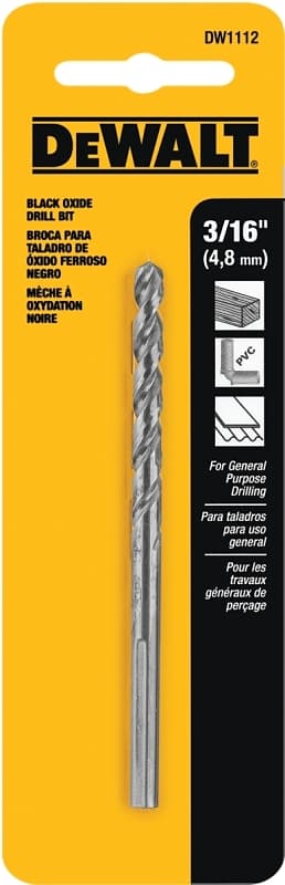 DEWALT DW1112 Jobber Drill Bit, 3/16 in Dia, 3-1/2 in OAL, Parabolic Flute, 3/16 in Dia Shank, Round Shank – image 1