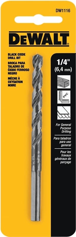 DEWALT DW1116 Jobber Drill Bit, 1/4 in Dia, 4 in OAL, Parabolic Flute, 1/4 in Dia Shank, Round Shank – image 1