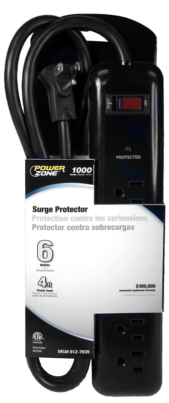 PowerZone OR802225 Surge Protector Tap Strip, 125 V, 15 A, 6-Outlet, 1000 Joules Energy, Black – image 1