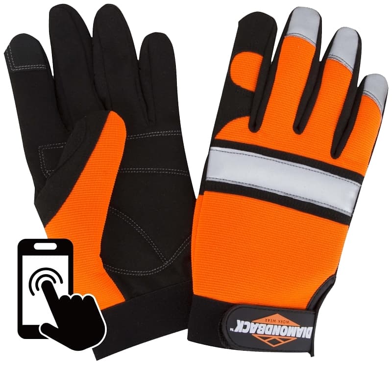 Diamondback 5959L Touchscreen Hi Visibility Mechanics Gloves, L 55% Synthetic leather 30% Spandex 10% Reflective Fabric 5% Elastic Band – image 1