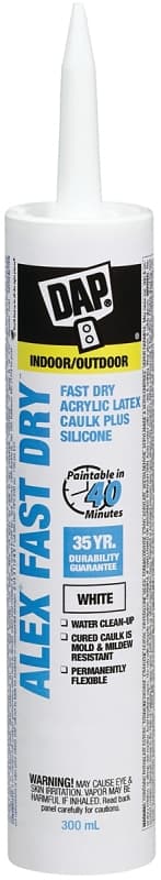 DAP ALEX FAST DRY 78425 Acrylic Latex Caulk Plus Silicone, White, 40 to 100 deg F, 300 mL Cartridge – image 1